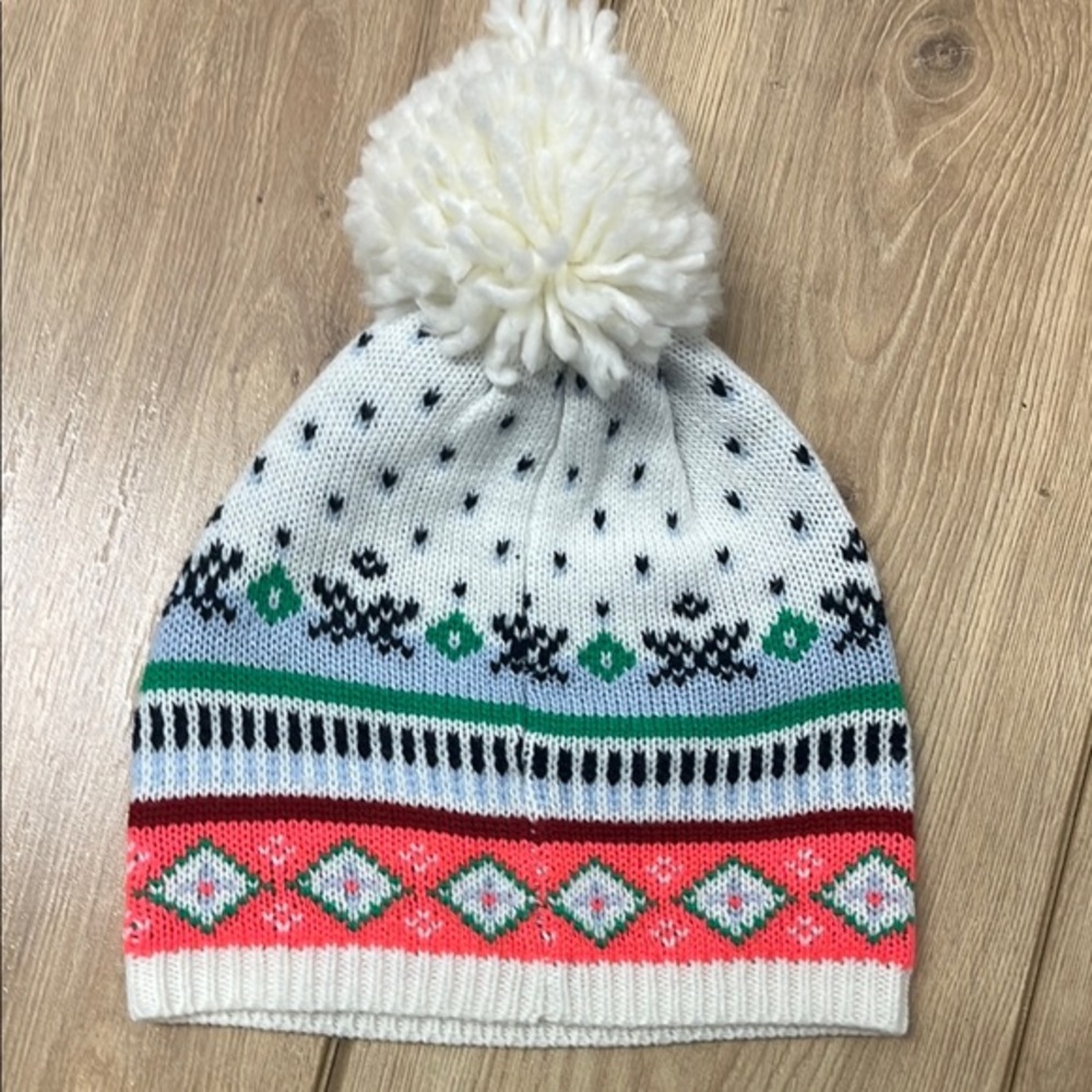 GAP White and Green Knitted Beanie with Pom-Pom